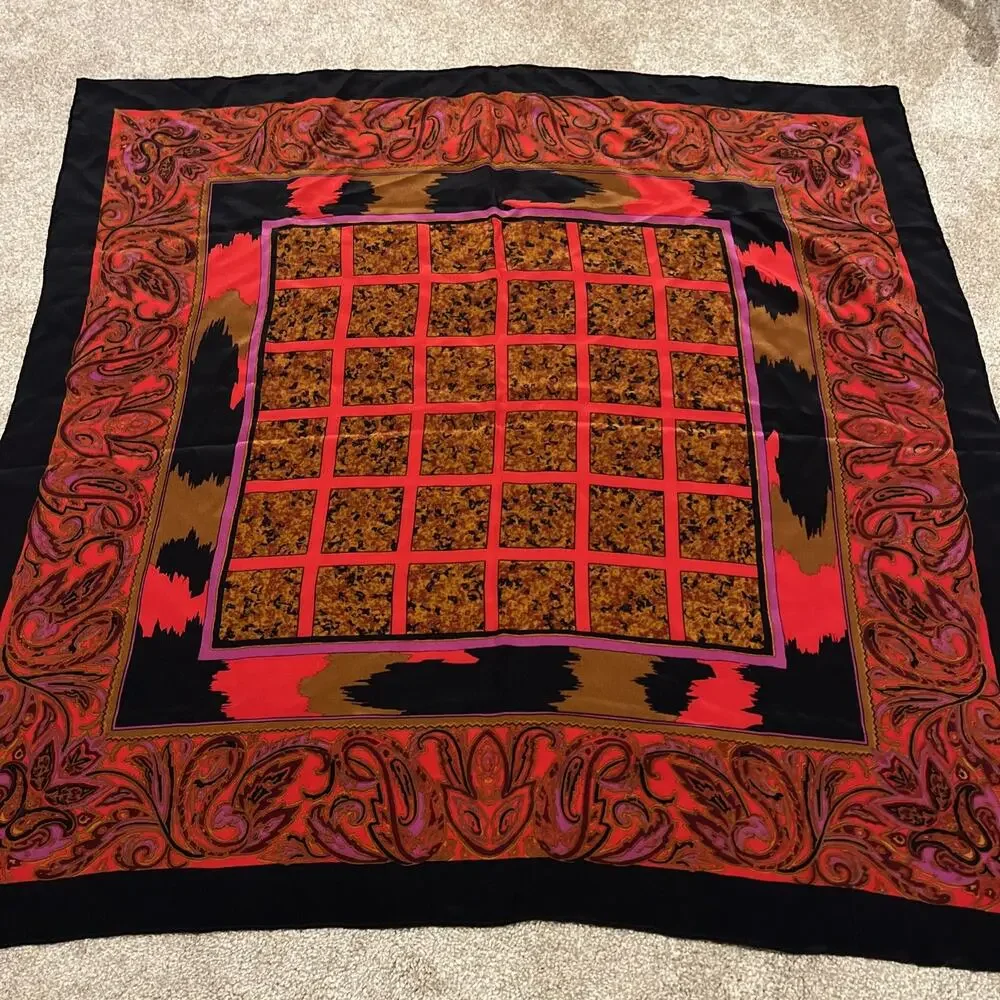 Vintage Red Black Brown Paisley Geometric Scarf 34x35 Square 1980s 1990s